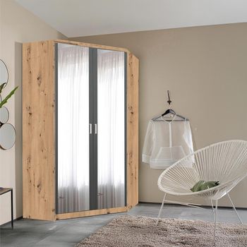 Celle Artisan Oak and Metallic Dark Grey 117cm 2 Door Corner Mirror Wardrobe