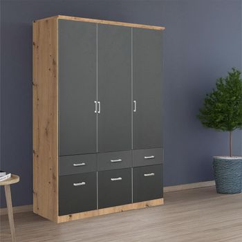 Celle Artisan Oak and Metallic Dark Grey 136cm 3 Door 6 Drawer Wardrobe
