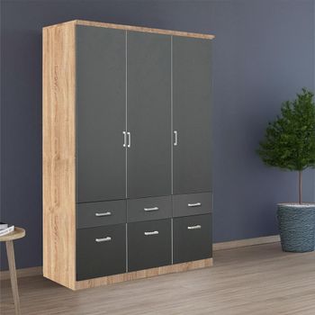Celle Sonoma Oak and Metallic Dark Grey 136cm 3 Door 6 Drawer Wardrobe