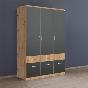 Celle Super Artisan Oak and Metallic Dark Grey 136cm 3 Door 6 Drawer Wardrobe