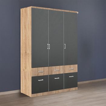 Celle Super Sonoma Oak and Metallic Dark Grey 136cm 3 Door 6 Drawer Wardrobe