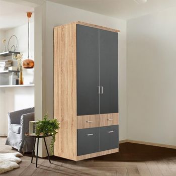 Celle Super Sonoma Oak and Metallic Dark Grey 91cm 2 Door 4 Drawer Wardrobe
