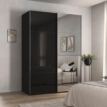 Contido Sliding Mirror Black Glass 162cm 2 Door Wardrobe with Extras