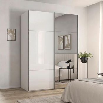 Contido Sliding Mirror Crystal White Glass 162cm 2 Door Wardrobe with Extras