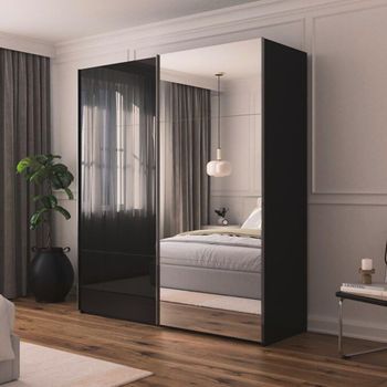 Contido Sliding Mirror Black Glass 201cm 2 Door Wardrobe with Extras
