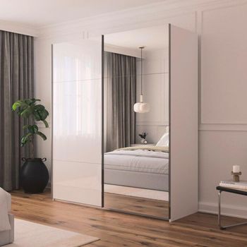 Contido Sliding Mirror Crystal White Glass 201cm 2 Door Wardrobe with Extras