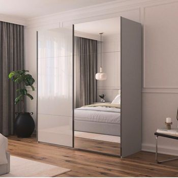 Contido Sliding Mirror Silk Grey Glass 201cm 2 Door Wardrobe with Extras