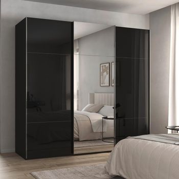 Contido Sliding Mirror Black Glass 242cm 3 Door Wardrobe with Extras