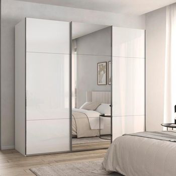 Contido Sliding Mirror Crystal White Glass 242cm 3 Door Wardrobe with Extras