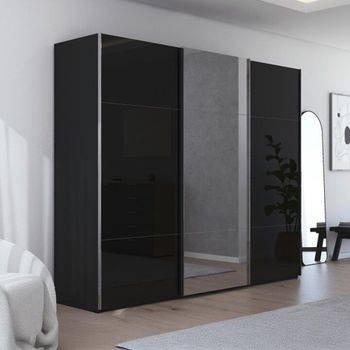 Contido Sliding Mirror Black Glass 271cm 3 Door Wardrobe with Extras