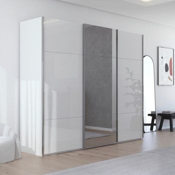 Contido Sliding Mirror Crystal White Glass 271cm 3 Door Wardrobe with Extras