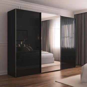 Contido Sliding Mirror Black Glass 301cm 3 Door Wardrobe with Extras