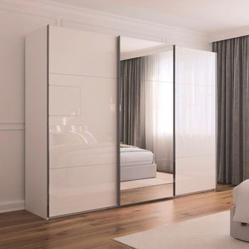 Contido Sliding Mirror Crystal White Glass 301cm 3 Door Wardrobe with Extras