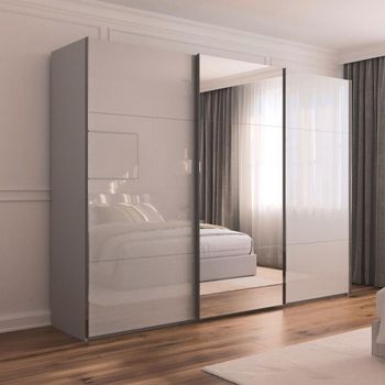 Contido Sliding Mirror Silk Grey Glass 301cm 3 Door Wardrobe with Extras