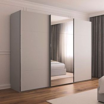Contido Sliding Mirror Silk Grey 301cm 3 Door Wardrobe with Extras