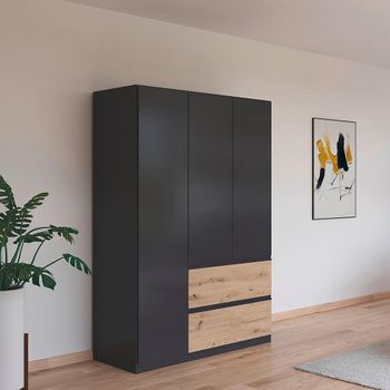Costa Metallic Dark Grey and Artisan Oak 136cm 3 Door 2 Drawer Wardrobe