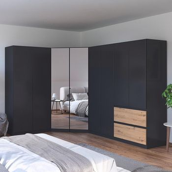 Costa Metallic Dark Grey and Artisan Oak 208cm 8 Door L-Shaped Corner Wardrobe