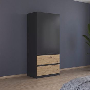 Costa Metallic Dark Grey and Artisan Oak 91cm 2 Door 2 Drawer Wardrobe