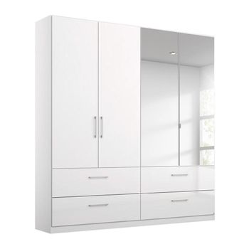 Elegant4you Alpine White and White High Gloss 181cm 210cm 4 Door Combi 4 Drawer Wardrobe