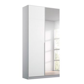 Elegant4you Alpine White and White High Gloss 91cm 197cm 2 Door Mirror Wardrobe