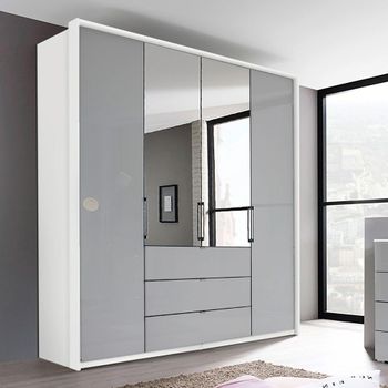 Erimo Alpine White and Silk Grey Glass 204cm 4 Door 3 Drawer Combi Wardrobe