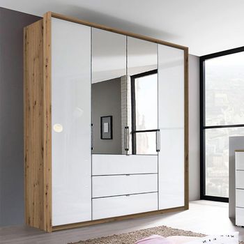 Erimo Artisan Oak and Crystal White Glass 204cm 4 Door 3 Drawer Combi Wardrobe