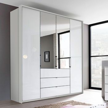 Erimo Silk Grey and Crystal White Glass 204cm 4 Door 3 Drawer Combi Wardrobe