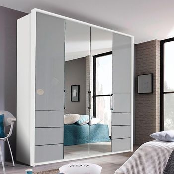 Erimo Alpine White and Silk Grey Glass 204cm 4 Door 6 Drawer Combi Wardrobe