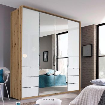 Erimo Artisan Oak and Crystal White Glass 204cm 4 Door 6 Drawer Combi Wardrobe