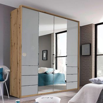 Erimo Artisan Oak and Silk Grey Glass 204cm 4 Door 6 Drawer Combi Wardrobe