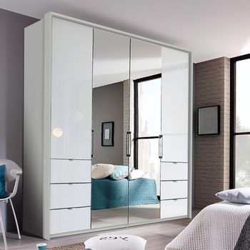 Erimo Silk Grey and Crystal White Glass 204cm 4 Door 6 Drawer Combi Wardrobe