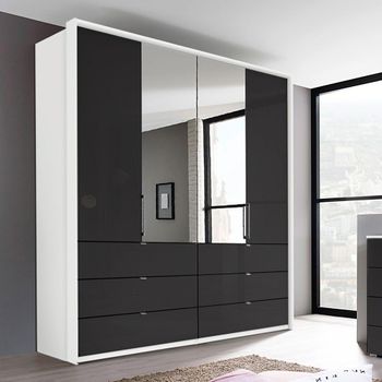 Erimo Alpine White and Basalt Glass 204cm 4 Door Combi Wardrobe with Drawer