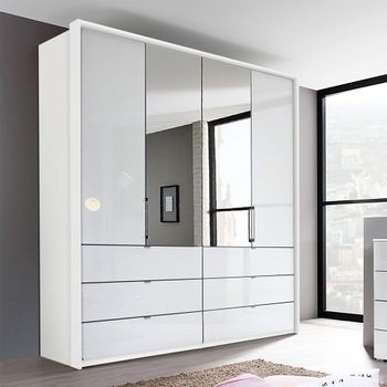 Erimo Alpine White and Crystal White Glass 204cm 4 Door Combi Wardrobe with Drawer