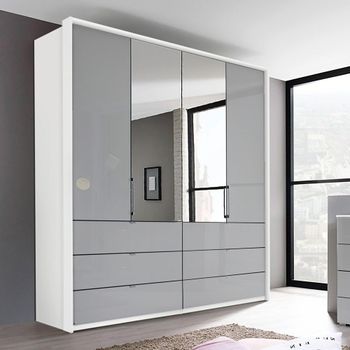 Erimo Alpine White and Silk Grey Glass 204cm 4 Door Combi Wardrobe with Drawer