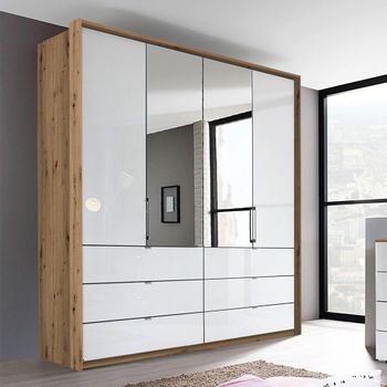 Erimo Artisan Oak 6 Crystal White Glass 204cm 4 Door 6 Drawer Combi Wardrobe
