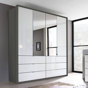 Erimo Graphite and Crystal White Glass 204cm 4 Door Combi Wardrobe with Drawer
