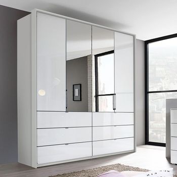 Erimo Silk Grey and Crystal White Glass 204cm 4 Door Combi Wardrobe with Drawer