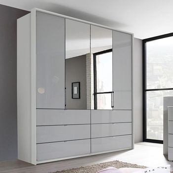 Erimo Silk Grey and Silk Grey Glass 204cm 4 Door Combi Wardrobe with Drawer