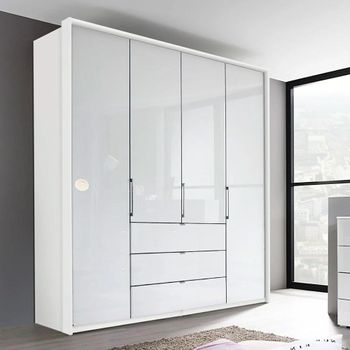 Erimo Alpine White and Crystal White Glass 204cm 4 Door 3 Drawer Wardrobe