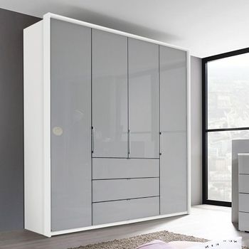 Erimo Alpine White and Silk Grey Glass 204cm 4 Door 3 Drawer Wardrobe