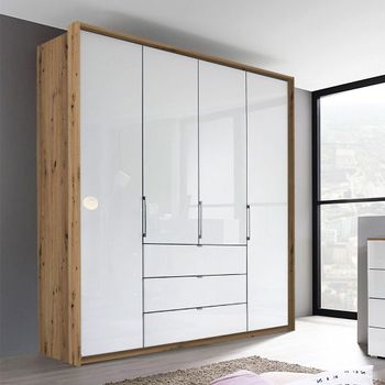 Erimo Artisan Oak and Crystal White Glass 204cm 4 Door 3 Drawer Wardrobe