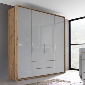 Erimo Artisan Oak and Silk Grey Glass 204cm 4 Door 3 Drawer Wardrobe