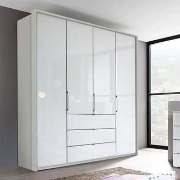 Erimo Silk Grey and Crystal White Glass 204cm 4 Door 3 Drawer Wardrobe