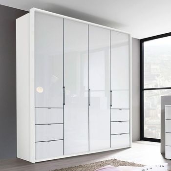 Erimo Alpine White and Crystal White Glass 204cm 4 Door Wardrobe with 6 Drawer