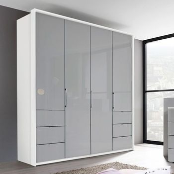 Erimo Alpine White and Silk Grey Glass 204cm 4 Door Wardrobe with 6 Drawer