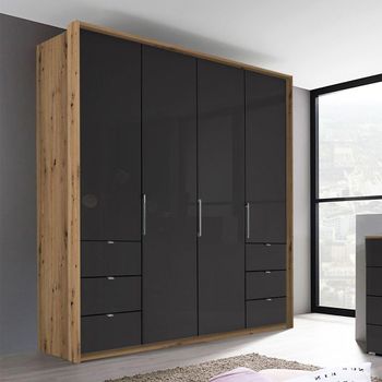 Erimo Artisan Oak and Basalt Glass 204cm 4 Door Wardrobe with 6 Drawer
