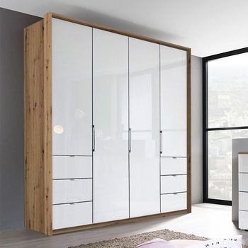Erimo Artisan Oak and Crystal White Glass 204cm 4 Door Wardrobe with 6 Drawer