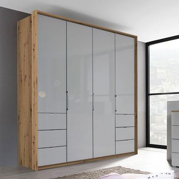 Erimo Artisan Oak and Silk Grey Glass 204cm 4 Door Wardrobe with 6 Drawer