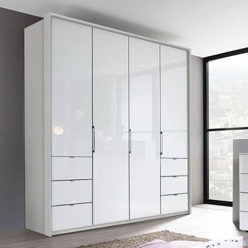 Erimo Silk Grey and Crystal White Glass 204cm 4 Door Wardrobe with 6 Drawer