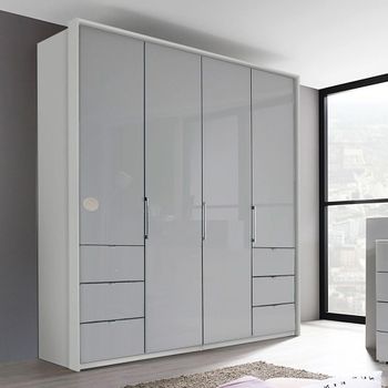 Erimo Silk Grey and Silk Grey Glass 204cm 4 Door Wardrobe with 6 Drawer